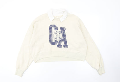 Hollister Women Beige Collared Pullover Sweatshirt S CA Print