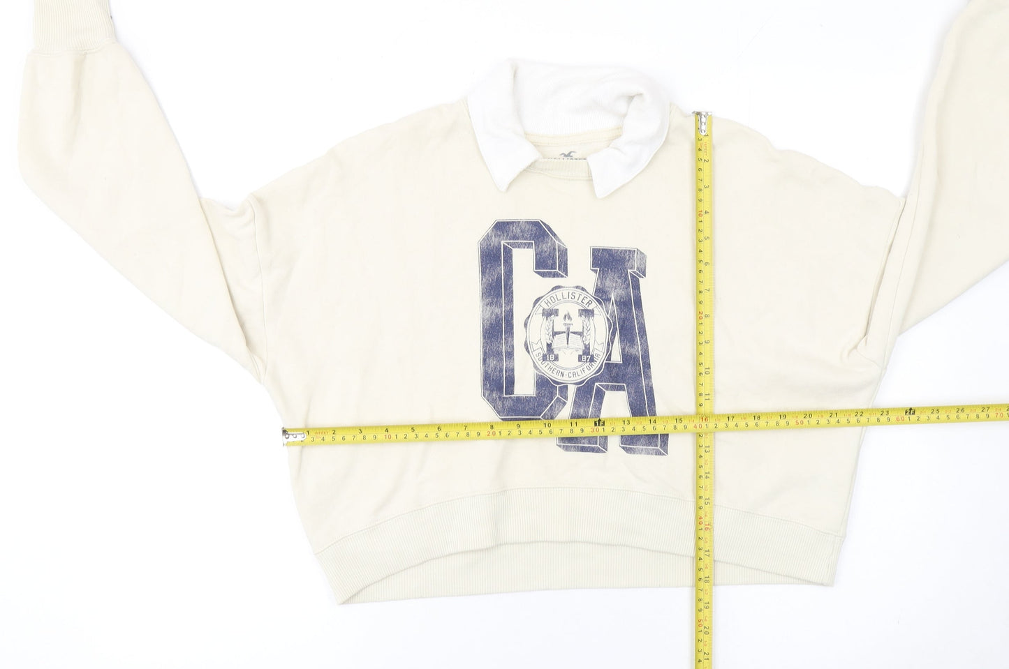 Hollister Women Beige Collared Pullover Sweatshirt S CA Print