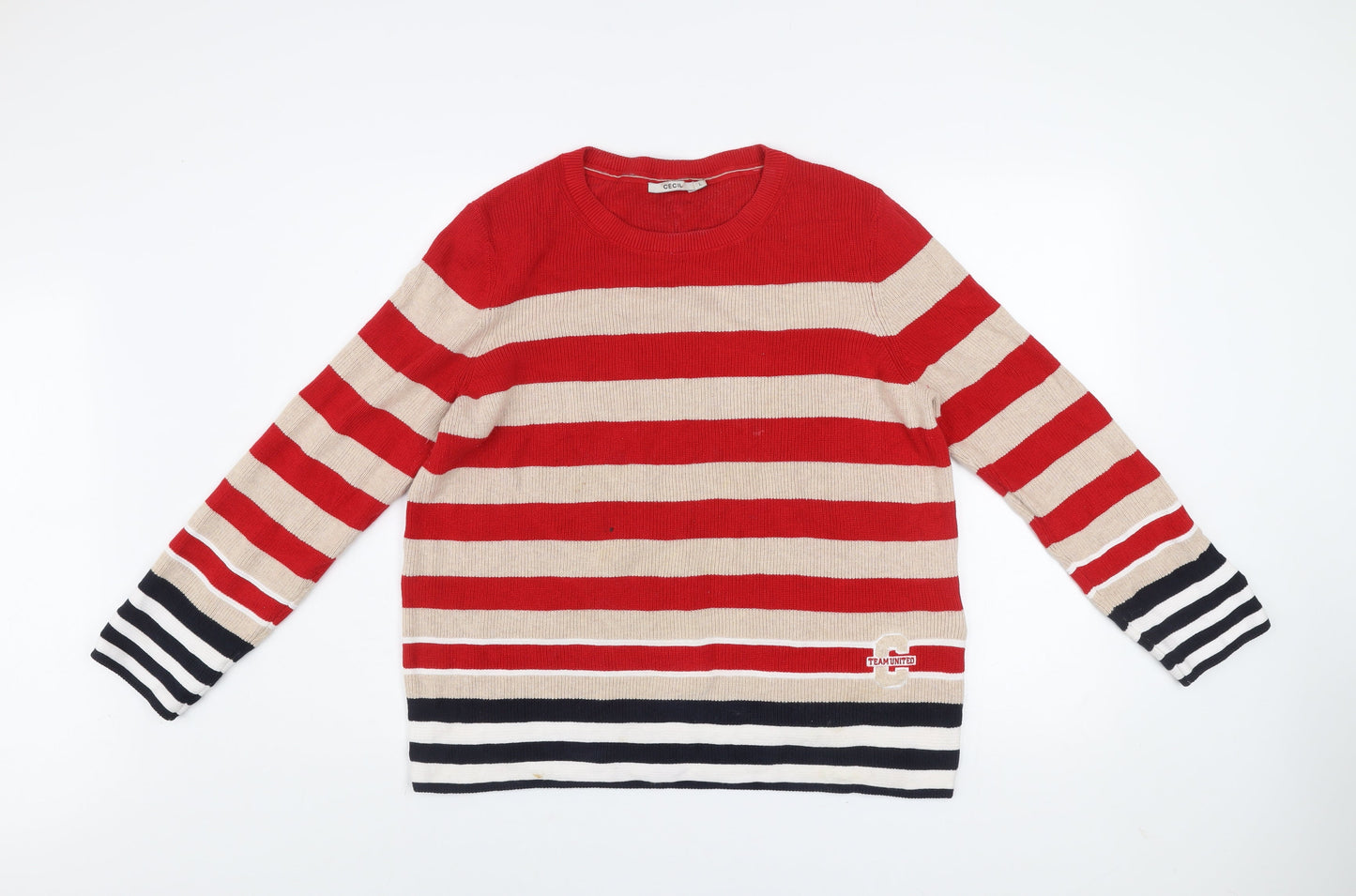 Cecil Men’s Red Beige Striped Cotton Knit Jumper L