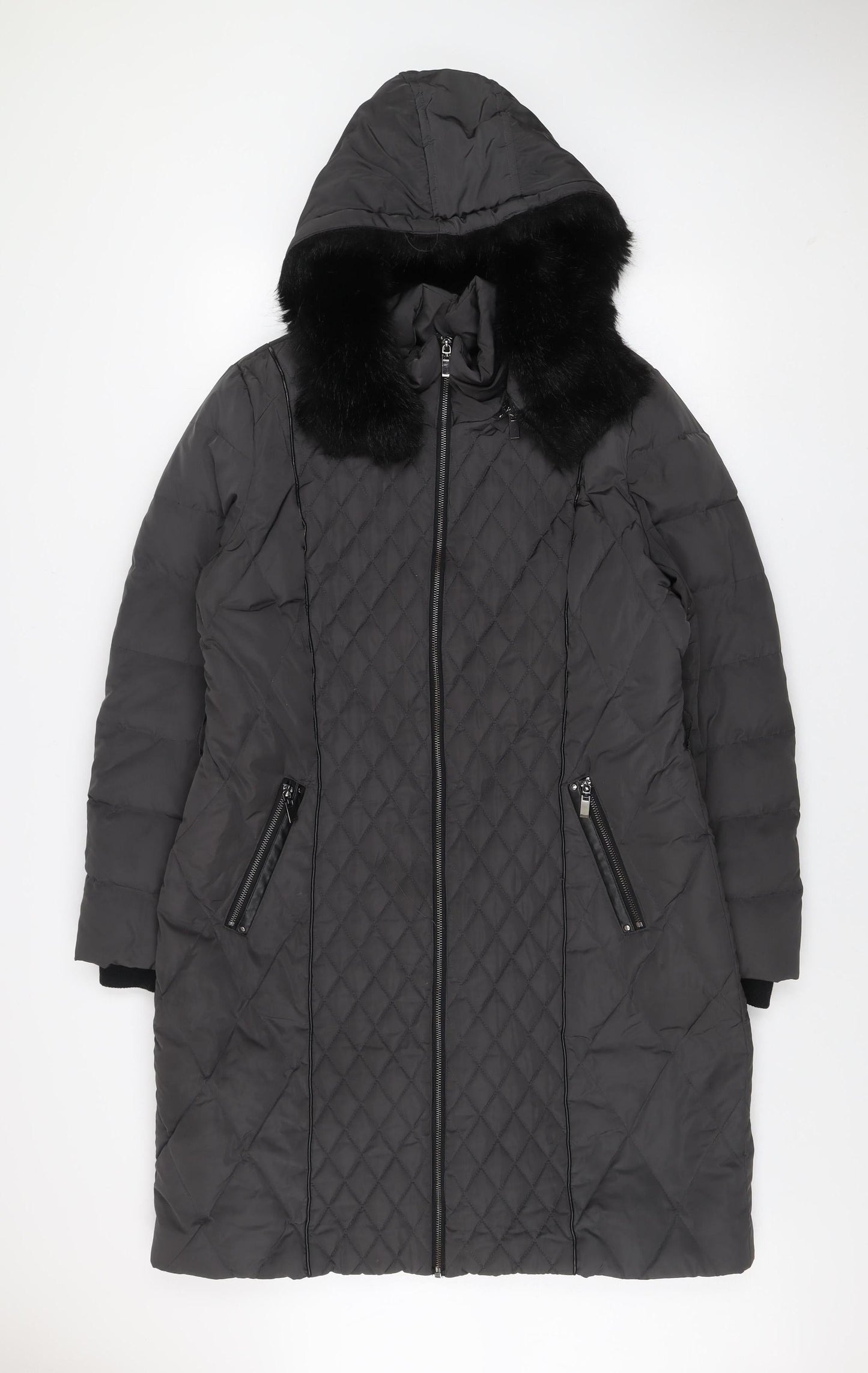 Phase Eight Women’s Black Long Quilted Fur Trim Hooded Puffer Coat UK 18