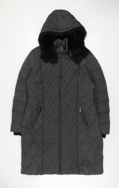 Phase Eight Women’s Black Long Quilted Fur Trim Hooded Puffer Coat UK 18