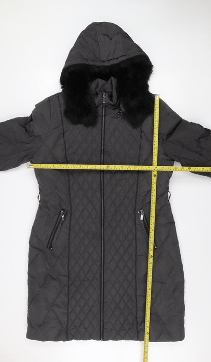 Phase Eight Women’s Black Long Quilted Fur Trim Hooded Puffer Coat UK 18