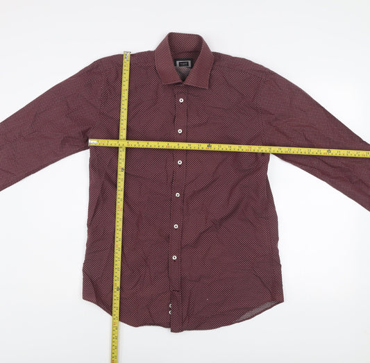 Bugatti Men's Red Geometric Long Sleeve Cotton Dress Shirt M 39/40