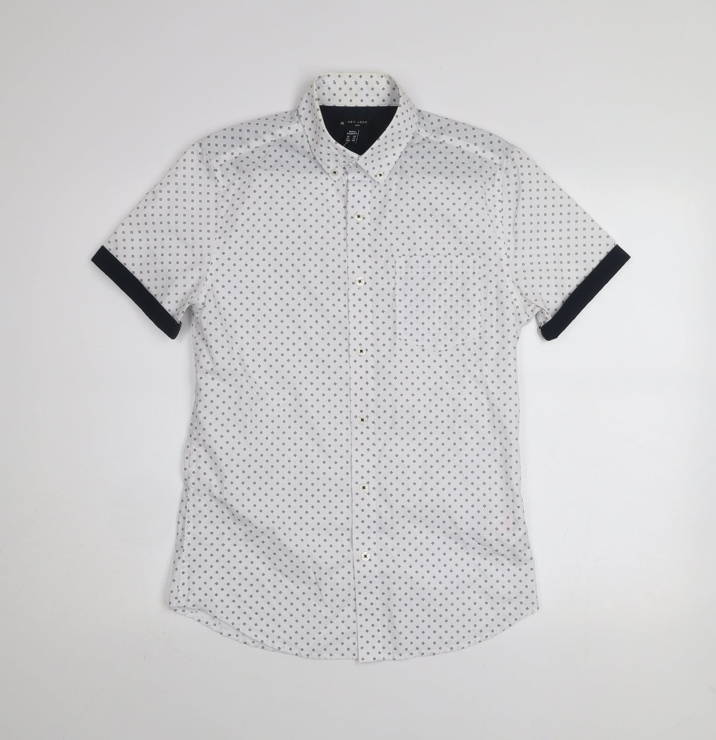 New Look Men White Geometric Short Sleeve Button-Up Shirt XS