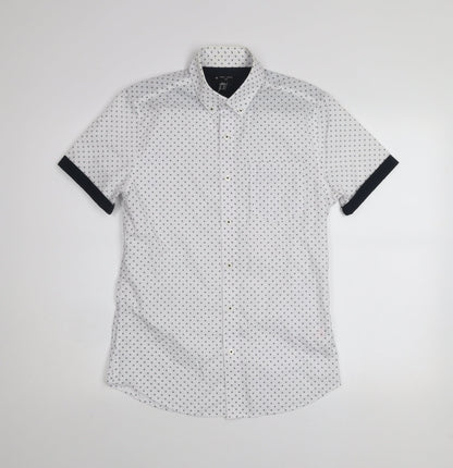 New Look Men White Geometric Short Sleeve Button-Up Shirt XS