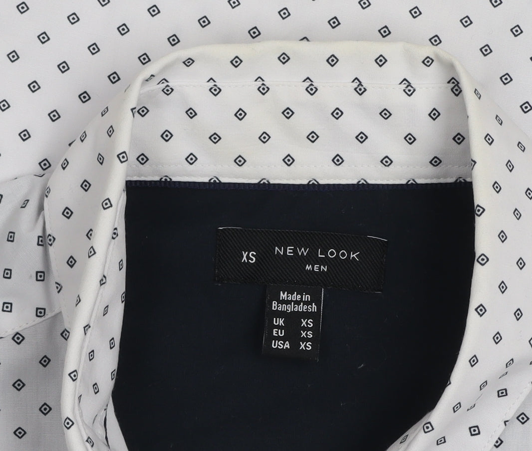 New Look Men White Geometric Short Sleeve Button-Up Shirt XS