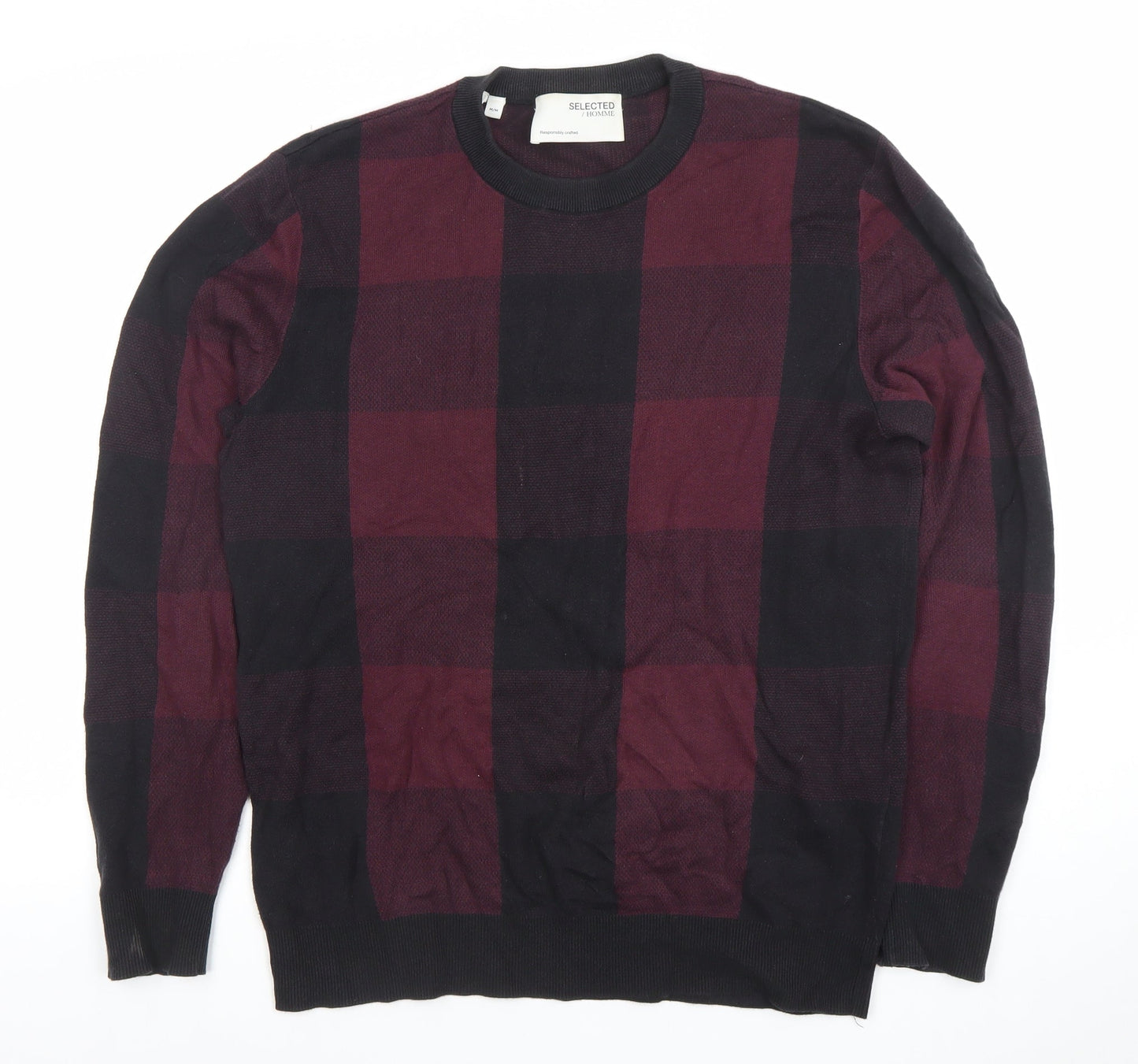 SELECTED HOMME Men's Multicoloured Check Cotton Crew Neck Jumper M