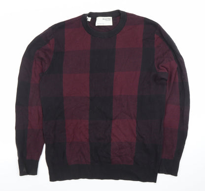 SELECTED HOMME Men's Multicoloured Check Cotton Crew Neck Jumper M