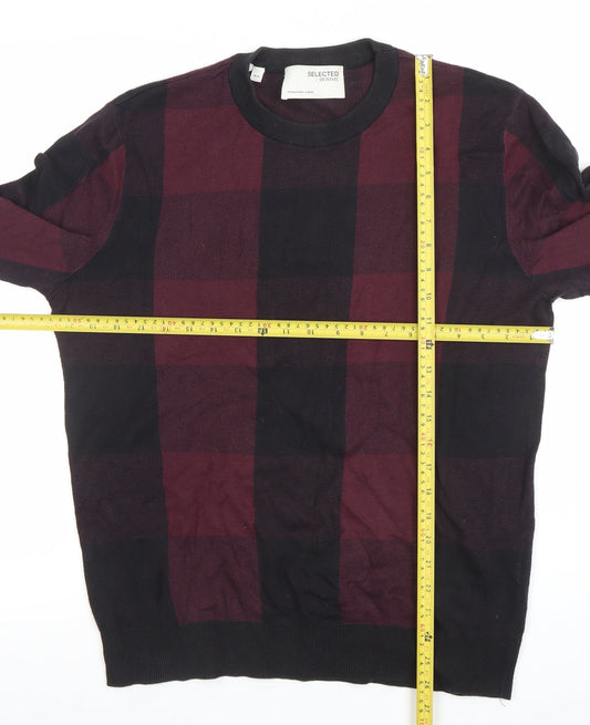 SELECTED HOMME Men's Multicoloured Check Cotton Crew Neck Jumper M