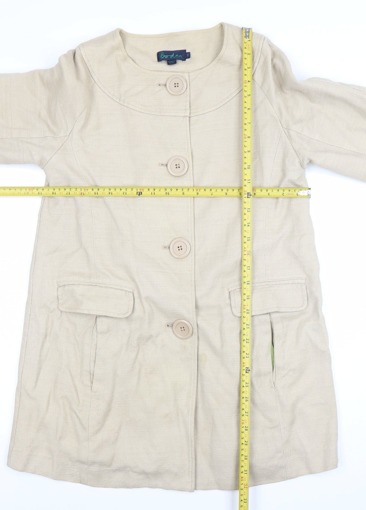 Boden Womens Beige Cotton Mid-Length 3/4 Sleeve Coat UK 8