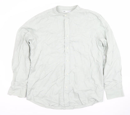 ZARA Men’s Green Band Collar Long Sleeve Cotton Shirt Size L