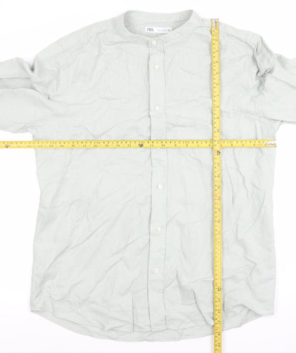 ZARA Men’s Green Band Collar Long Sleeve Cotton Shirt Size L