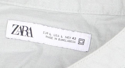 ZARA Men’s Green Band Collar Long Sleeve Cotton Shirt Size L