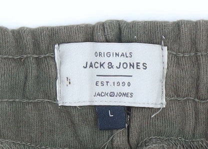 Jack & Jones Mens Green Camo Sweat Shorts L Casual Drawstring
