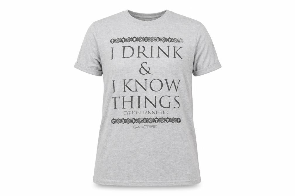 Front view of Game of Thrones Tyrion Lannister Grey unisex l t-shirt funny quote