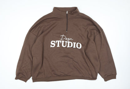 Boohoo Women Brown 1/4 Zip Pullover Sweatshirt Size 22 Graphic Print