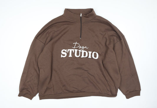 Boohoo Women Brown 1/4 Zip Pullover Sweatshirt Size 22 Graphic Print