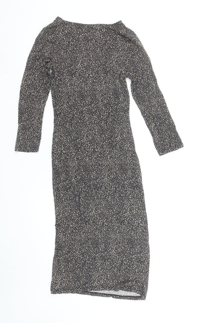 Oasis Women’s Black Geometric Bodycon Midi Dress XS Long Sleeve Viscose