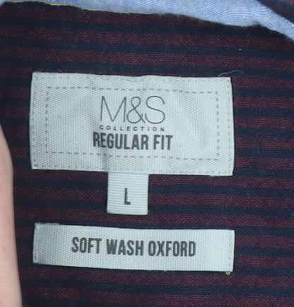 Marks and Spencer Men's Purple Striped Regular Fit Long Sleeve Cotton Oxford Shirt L