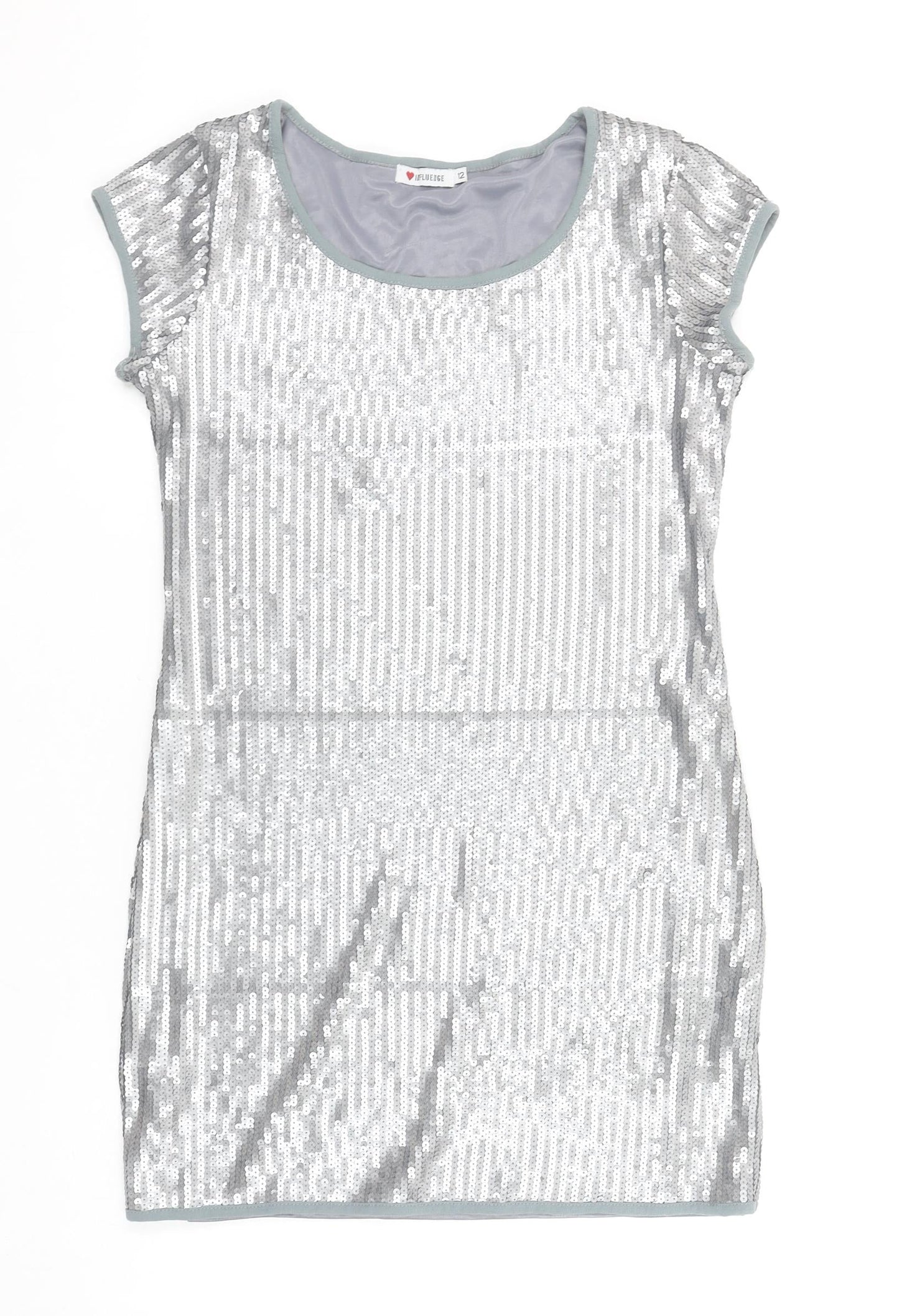 Influence Women Silver Sequin Bodycon Short Sleeve Dress Size 12