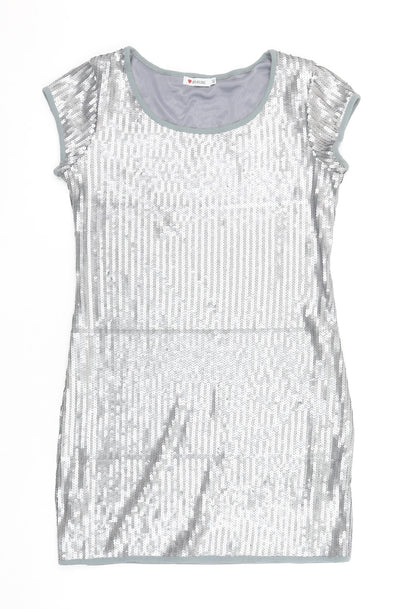 Influence Women Silver Sequin Bodycon Short Sleeve Dress Size 12