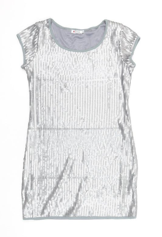 Influence Women Silver Sequin Bodycon Short Sleeve Dress Size 12