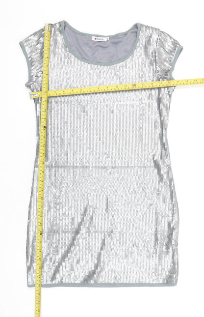 Influence Women Silver Sequin Bodycon Short Sleeve Dress Size 12
