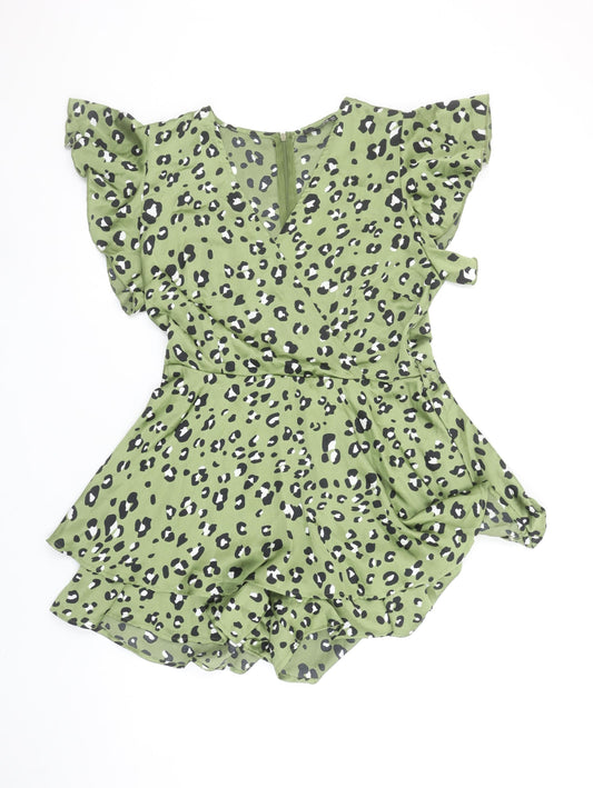 Quiz Women’s Green Animal Print Ruffle Playsuit Size 14