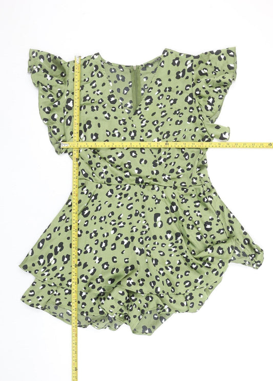 Quiz Women’s Green Animal Print Ruffle Playsuit Size 14