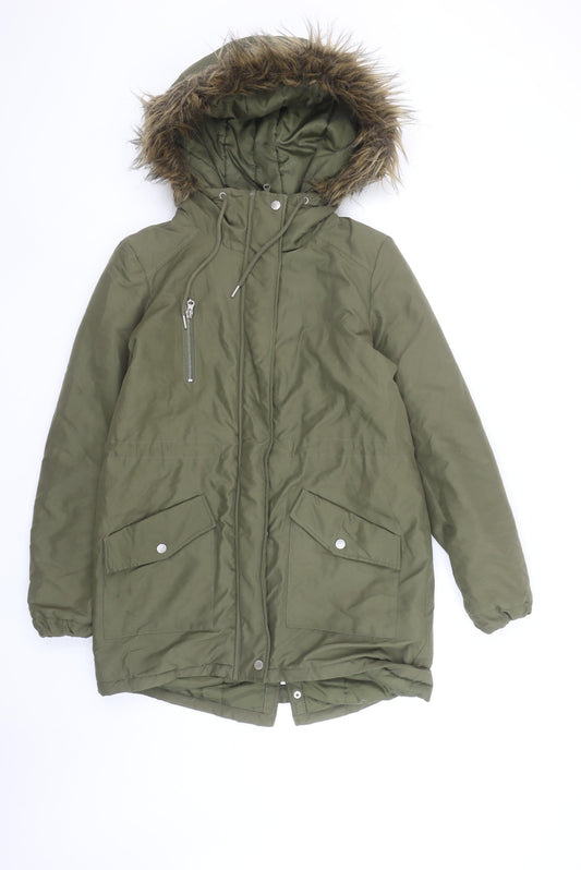 Noisy May Women's Green Hooded Parka Coat M Long Fur Trim Winter Jacket