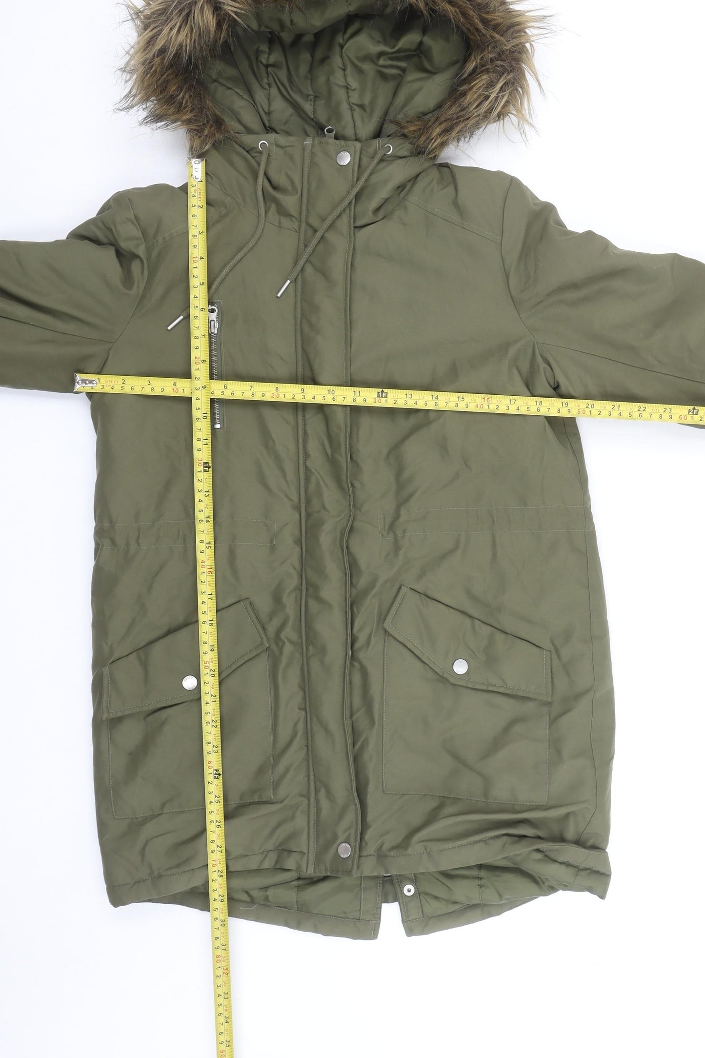 Noisy May Women's Green Hooded Parka Coat M Long Fur Trim Winter Jacket