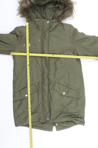 Noisy May Women's Green Hooded Parka Coat M Long Fur Trim Winter Jacket