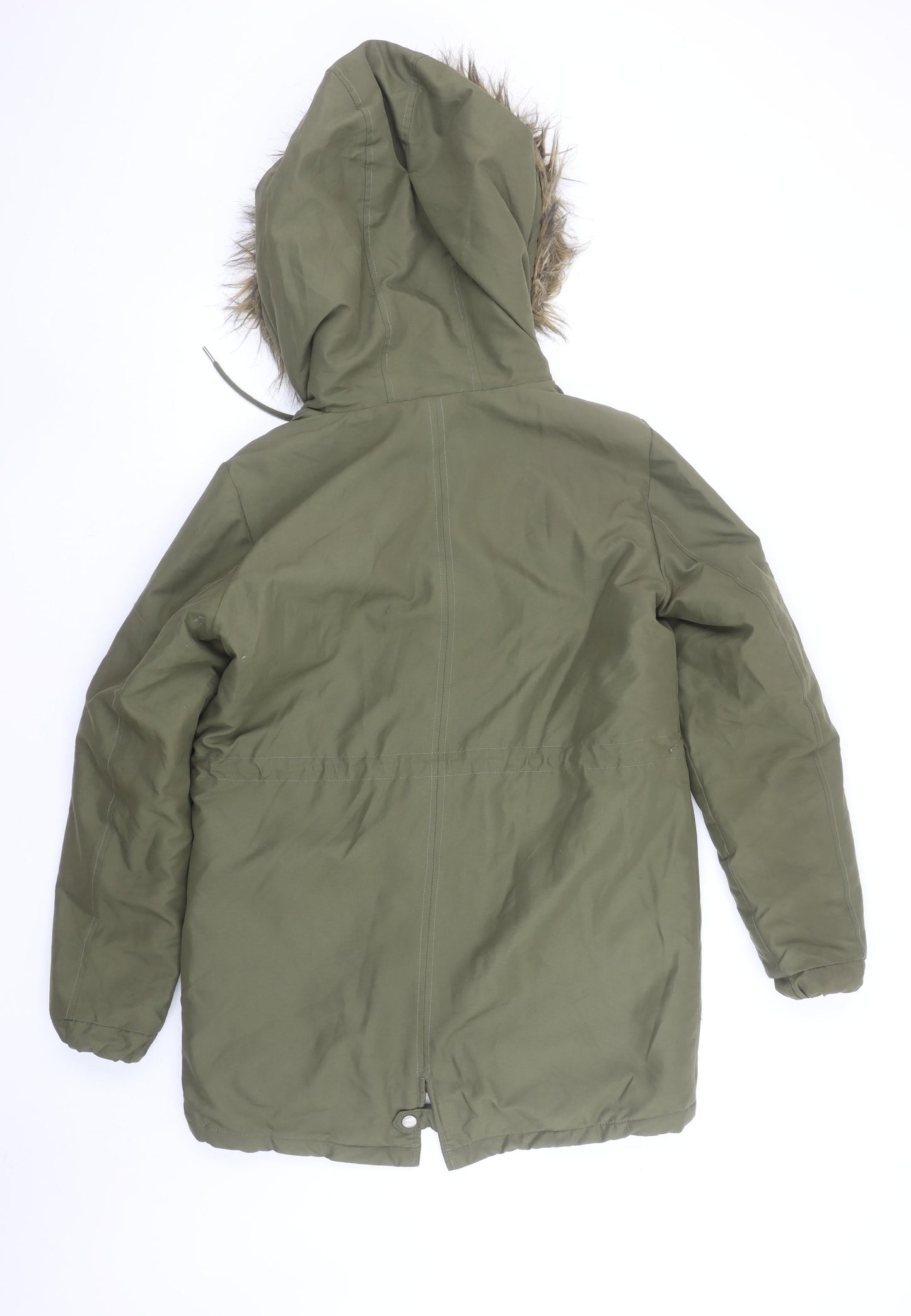 Noisy May Women's Green Hooded Parka Coat M Long Fur Trim Winter Jacket