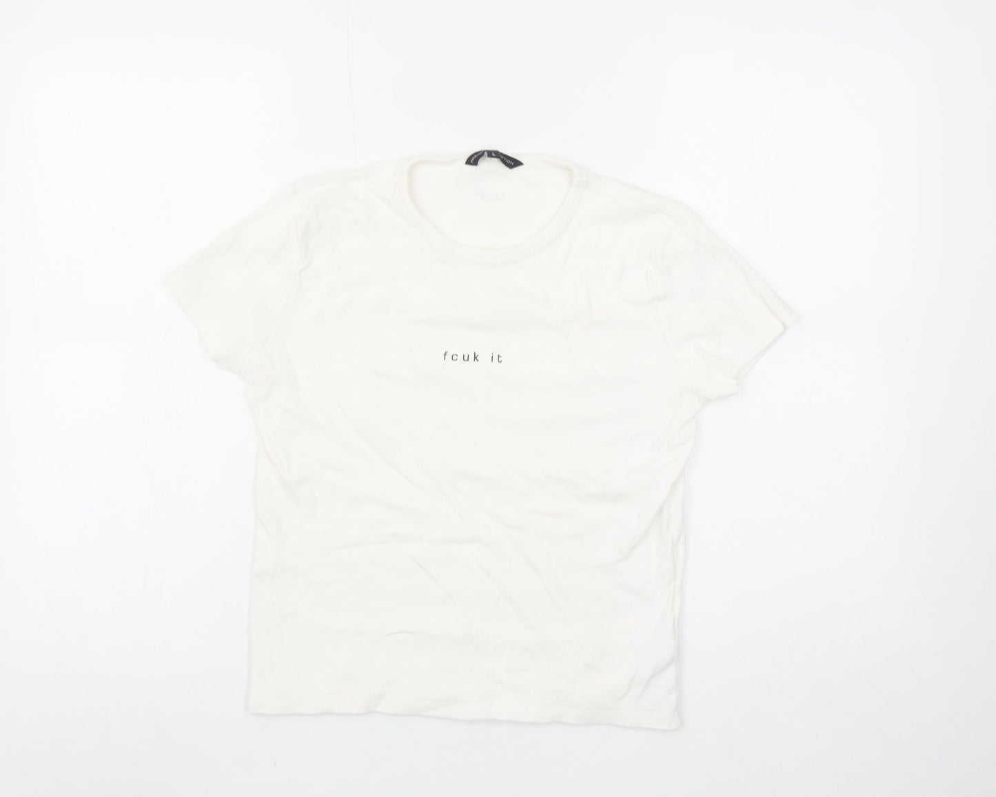 French Connection Women White L Basic Cotton T-Shirt Funny Print