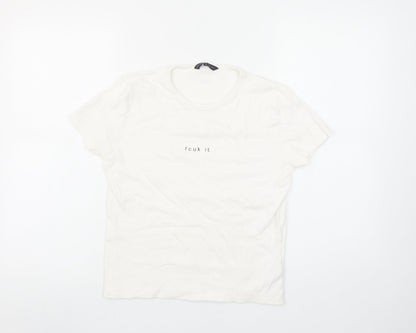 French Connection Women White L Basic Cotton T-Shirt Funny Print