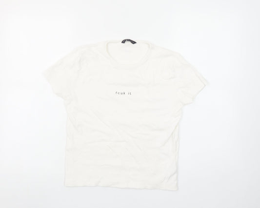 French Connection Women White L Basic Cotton T-Shirt Funny Print