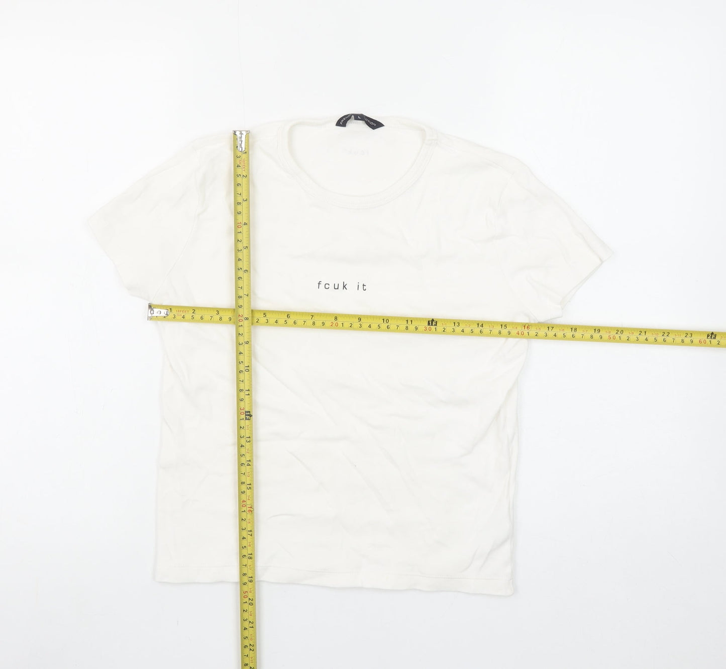 French Connection Women White L Basic Cotton T-Shirt Funny Print