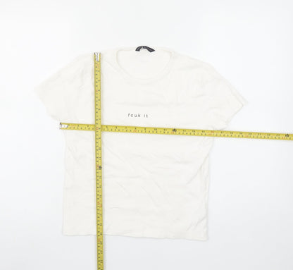 French Connection Women White L Basic Cotton T-Shirt Funny Print