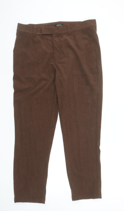 boohooMAN Men's Brown Corduroy Chino Trousers Size L Regular Fit