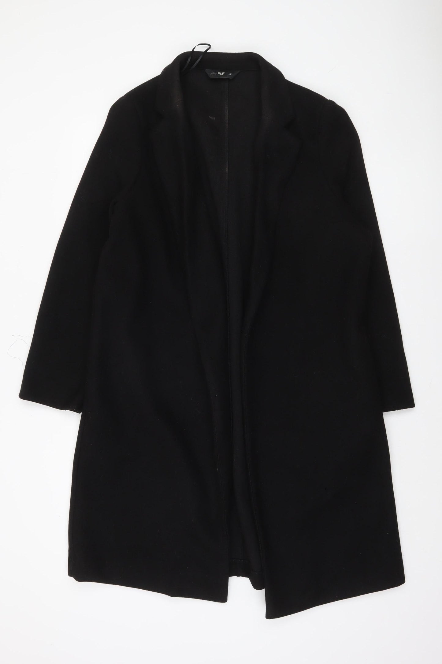 F&F Women Black Mid-Length Overcoat Lined Open Front Coat Size L