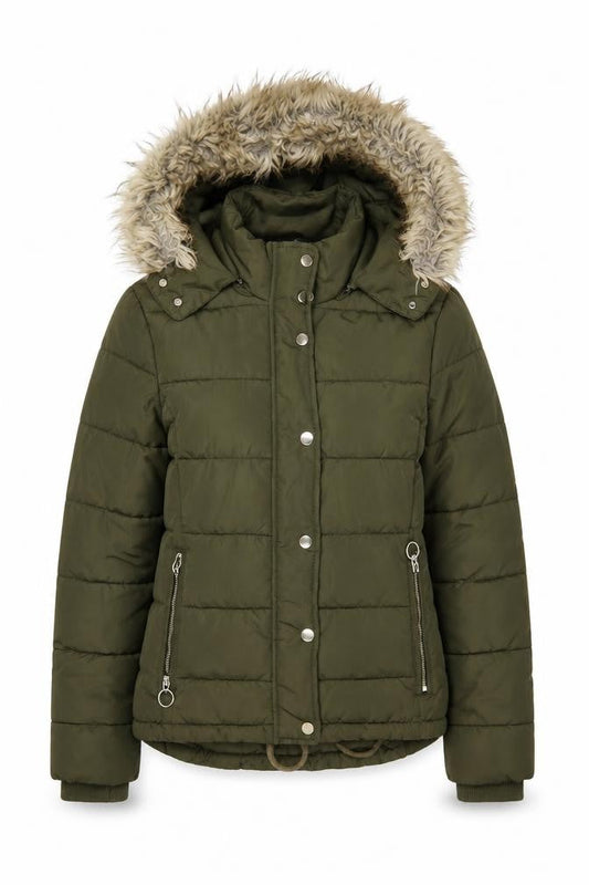 Topshop Women’s Green Faux Fur Hooded Puffer Jacket Size 10
