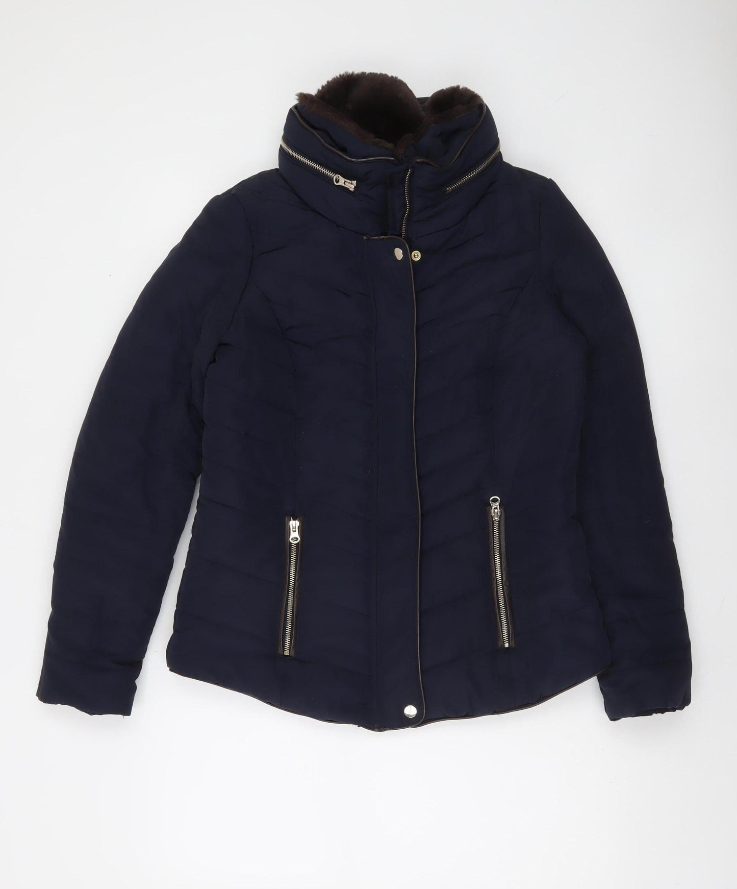 F&F Women's Blue Short Puffer Jacket Size 10 with Faux Fur Collar