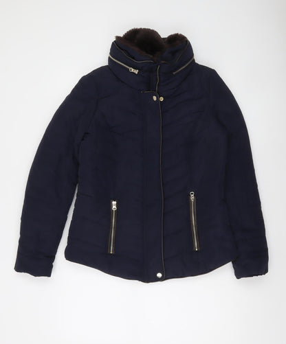 F&F Women's Blue Short Puffer Jacket Size 10 with Faux Fur Collar