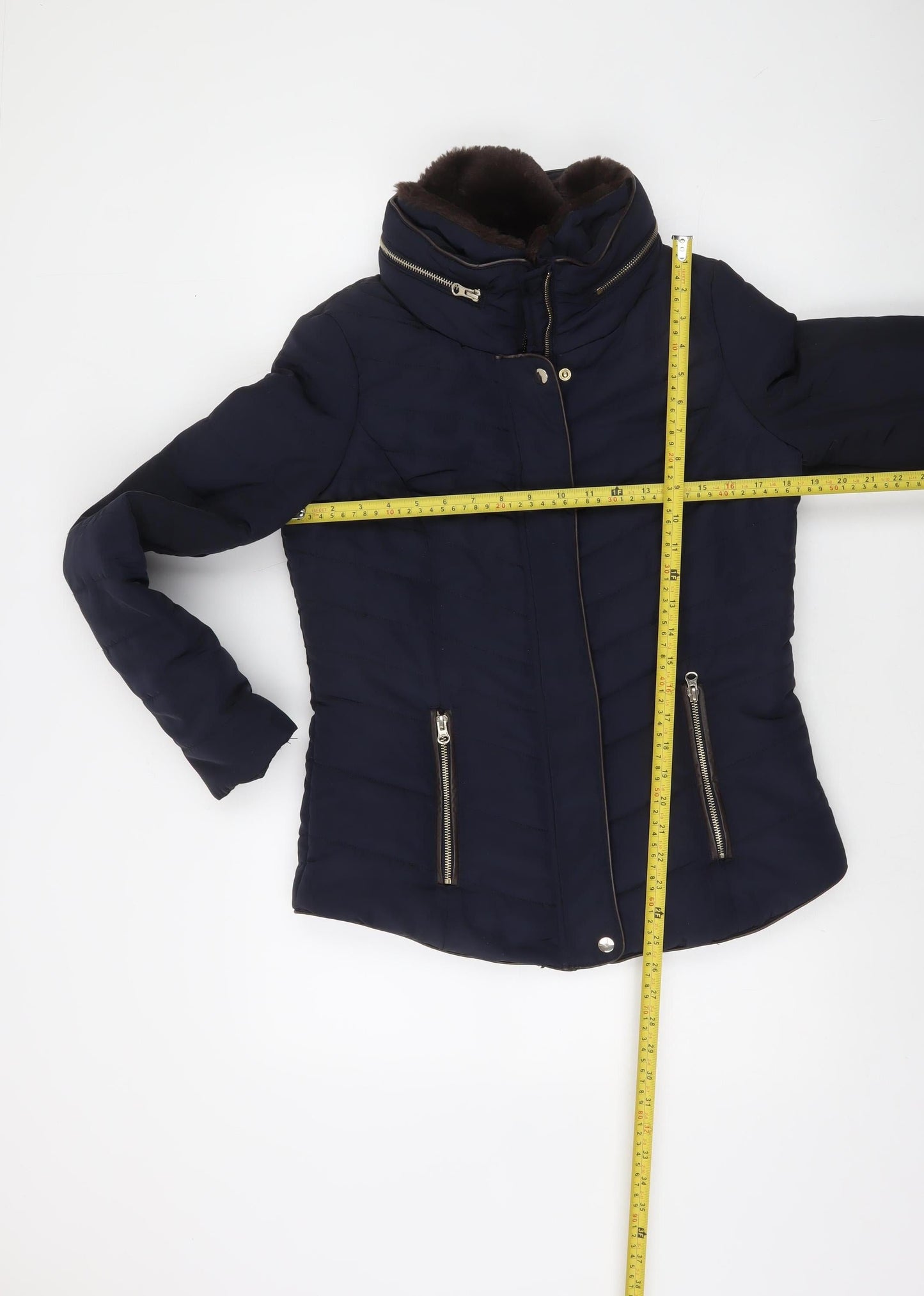 F&F Women's Blue Short Puffer Jacket Size 10 with Faux Fur Collar