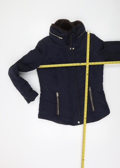 F&F Women's Blue Short Puffer Jacket Size 10 with Faux Fur Collar