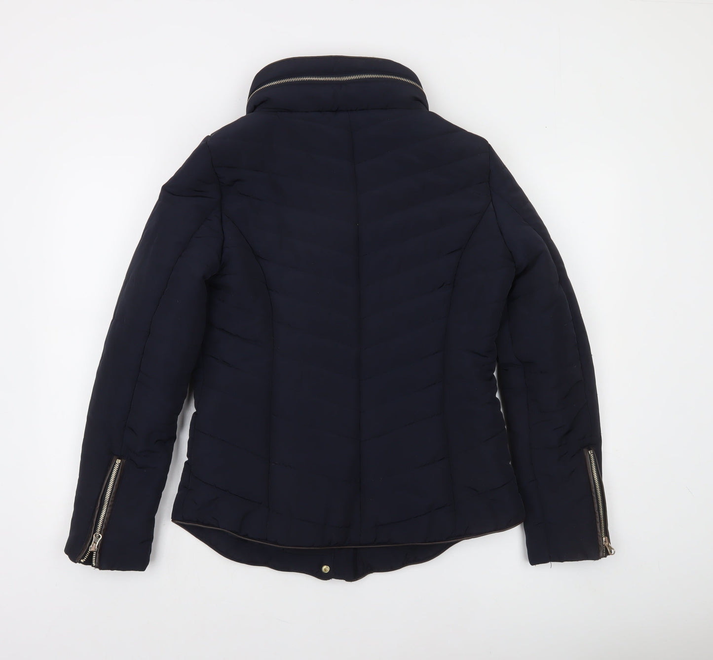 F&F Women's Blue Short Puffer Jacket Size 10 with Faux Fur Collar