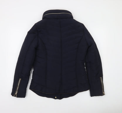 F&F Women's Blue Short Puffer Jacket Size 10 with Faux Fur Collar