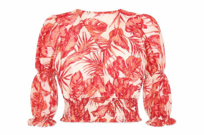 Gallery Women’s Red Floral Print Long Sleeve V-Neck Blouse Size 12