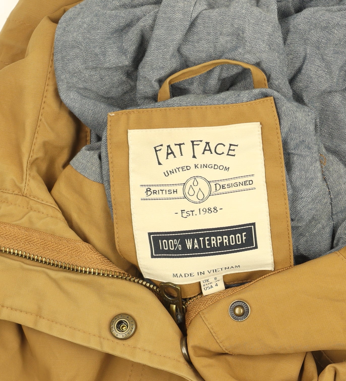 FatFace Women’s Brown Waterproof Hooded Parka Jacket Size 8