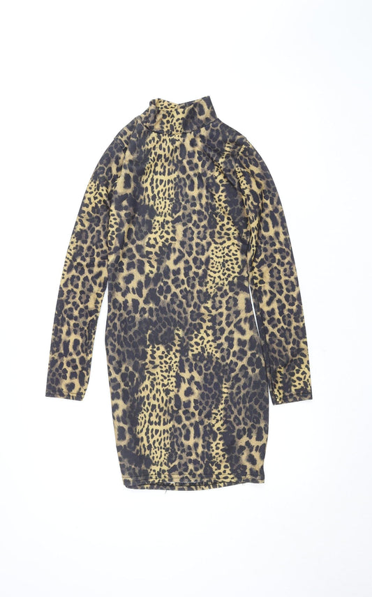 Boohoo Women’s Brown Leopard Print Bodycon Dress Size 6 Long Sleeve
